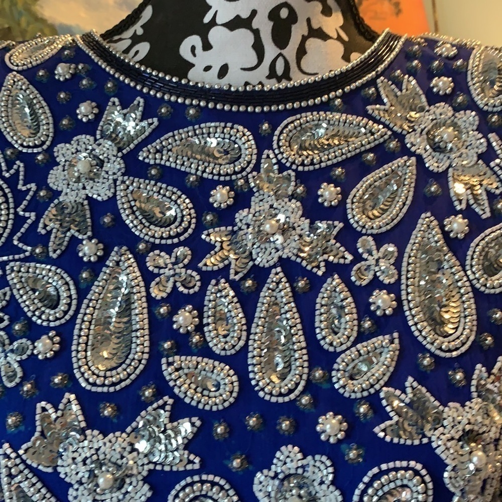 Vintage Laurence Kazar, Vibrant Beaded Blue Formal Cocktail Dress, Stunning! - Picture 7 of 8